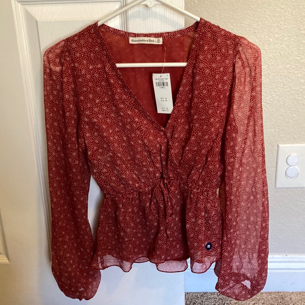 Abercrombie red tie waist peplum chiffon blouse